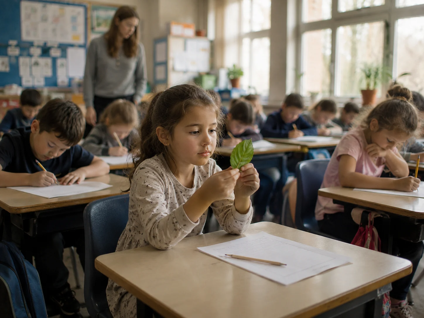 A girl at her desk studies a real leaf while the classmates around her fill in worksheets