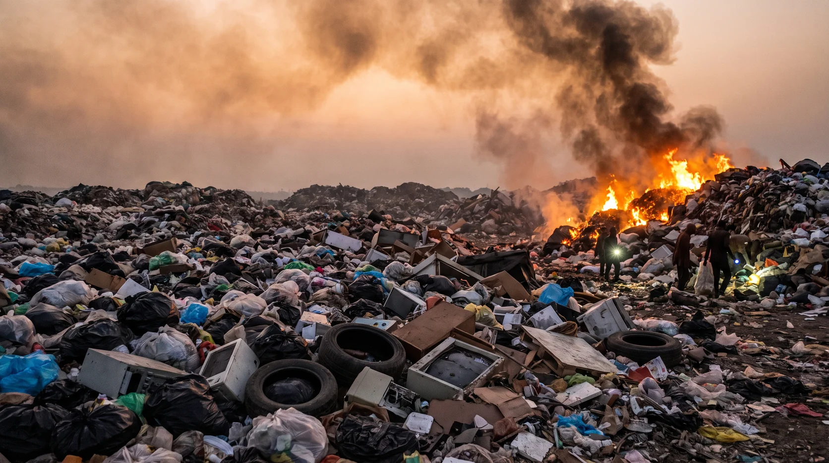 Two people with a lamp stand among burning refuse at a vast landfill, black smoke rising behind them