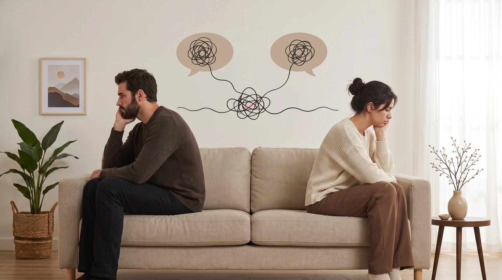 A couple sitting apart on a sofa, their thoughts tangled between them