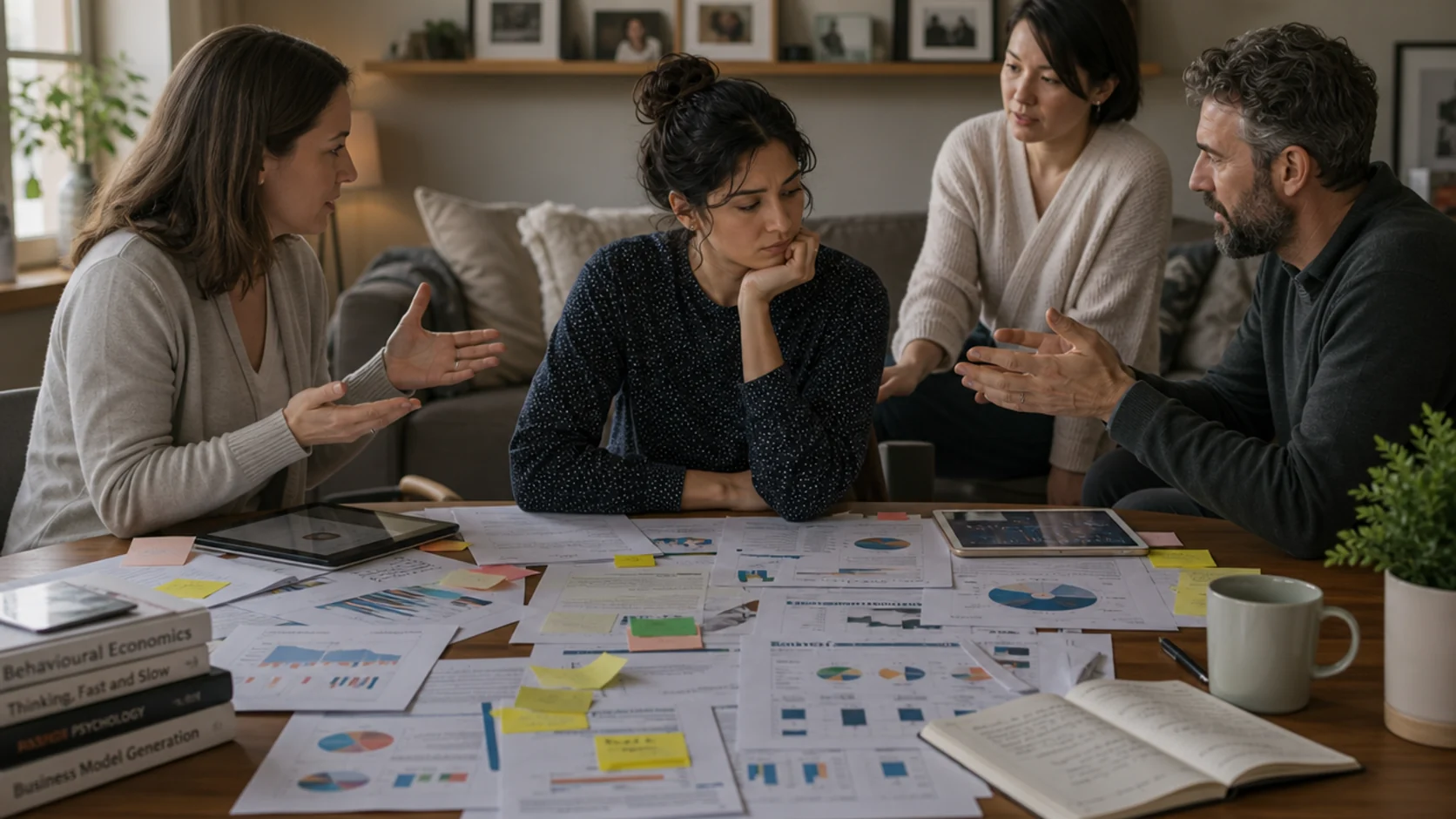 A woman sits silent over a table strewn with charts, notes and open books while three people around her talk and gesture